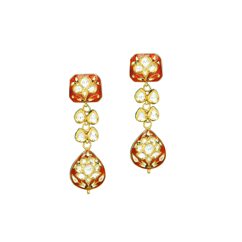 Polki Teardrop Earrings with Red Enamel